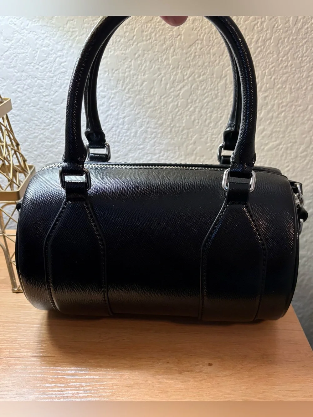 Marc Jacobs Black Leather Barrel Satchel with Logo Strap